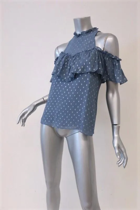 Rebecca Taylor Cold Shoulder Top Blue Metallic Dot Chiffon Size 0 Ruffle Blouse