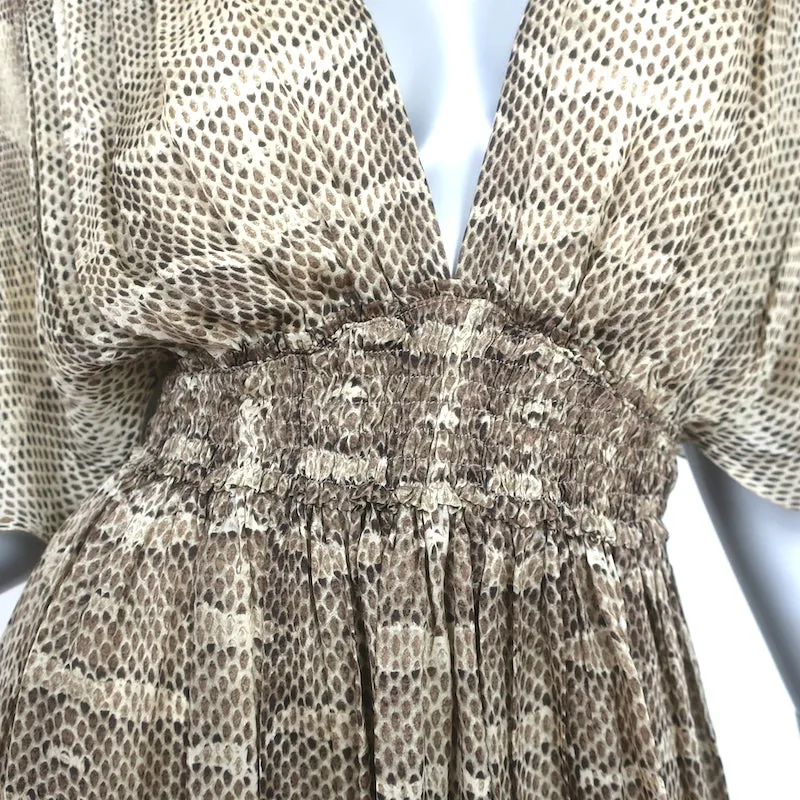 Roberto Cavalli Snakeskin Print Short Sleeve Dress Beige Silk Chiffon Size 40