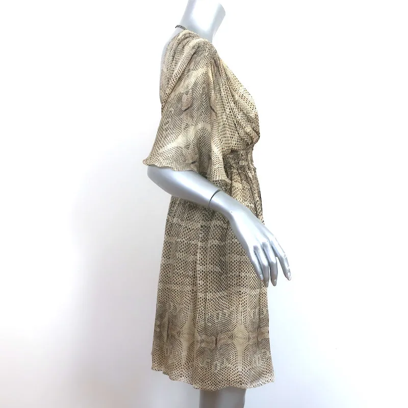 Roberto Cavalli Snakeskin Print Short Sleeve Dress Beige Silk Chiffon Size 40