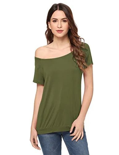 ROMWE Women's Off the Shoulder One Shoulder Boat Neck Random Shoulder Short Sleeve Tee Shirt Tunic Top Blouse: Gateway