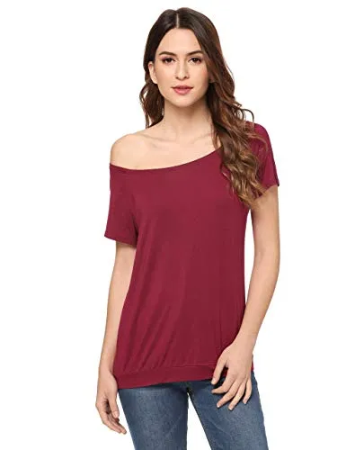 ROMWE Women's Off the Shoulder One Shoulder Boat Neck Random Shoulder Short Sleeve Tee Shirt Tunic Top Blouse: Gateway