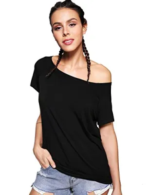 ROMWE Women's Off the Shoulder One Shoulder Boat Neck Random Shoulder Short Sleeve Tee Shirt Tunic Top Blouse: Gateway