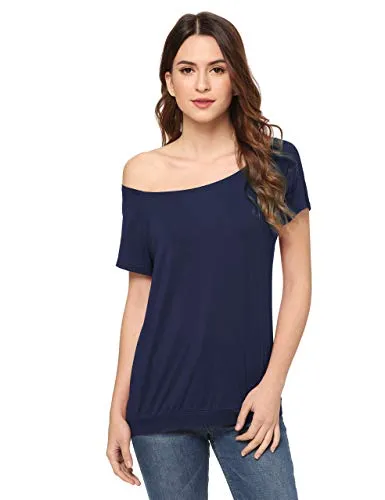 ROMWE Women's Off the Shoulder One Shoulder Boat Neck Random Shoulder Short Sleeve Tee Shirt Tunic Top Blouse: Gateway