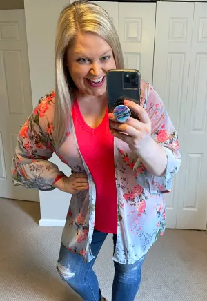 Ruffle-Sleeved Floral Cardigan in Light Grey