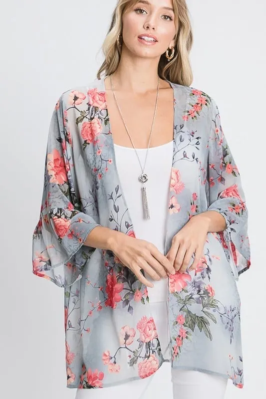 Ruffle-Sleeved Floral Cardigan in Light Grey