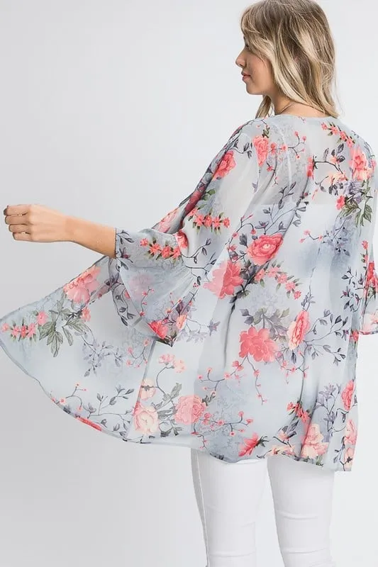 Ruffle-Sleeved Floral Cardigan in Light Grey