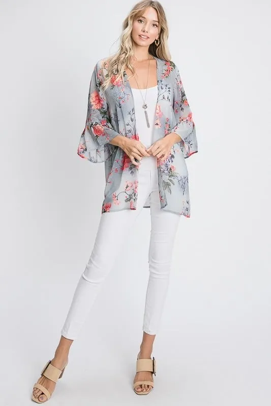 Ruffle-Sleeved Floral Cardigan in Light Grey