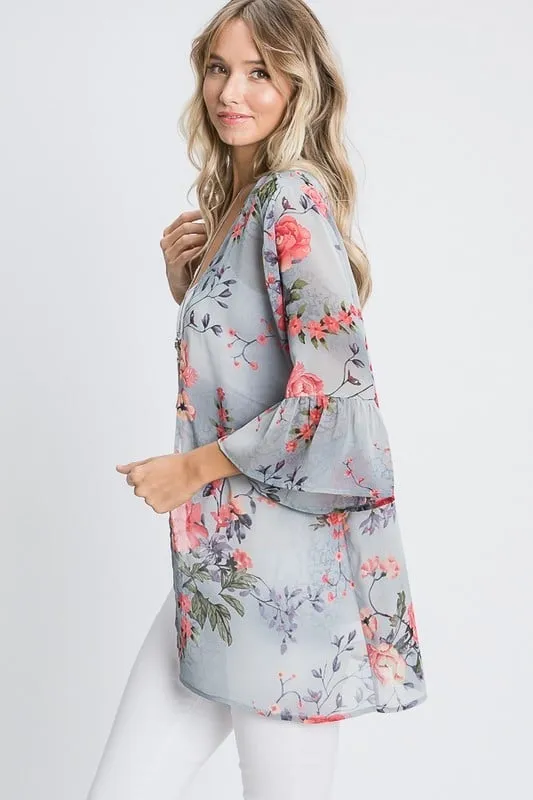 Ruffle-Sleeved Floral Cardigan in Light Grey