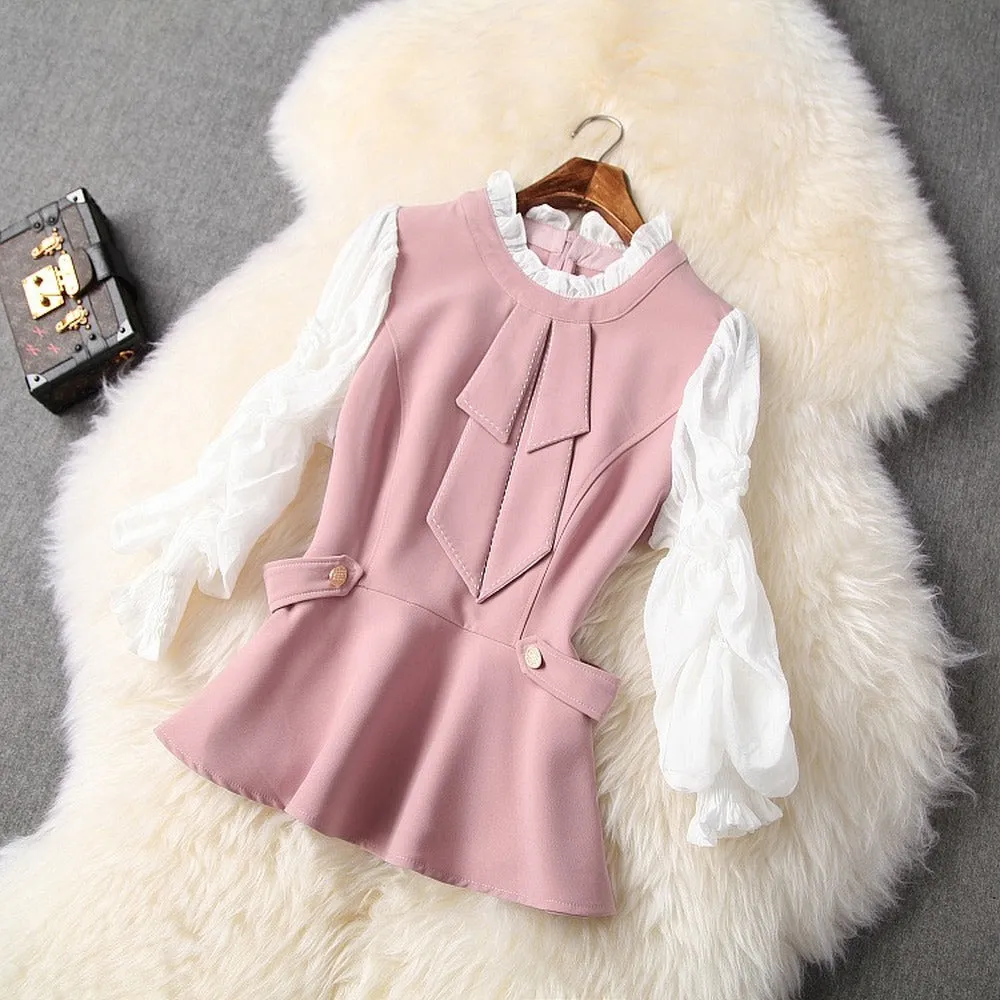 Ruffled Hem Blazers Splicing Chiffon Sleeve and Pants Two-piece Set Blue
