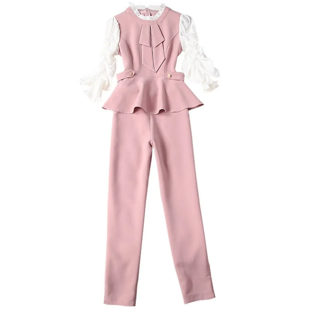 Ruffled Hem Blazers Splicing Chiffon Sleeve and Pants Two-piece Set Blue