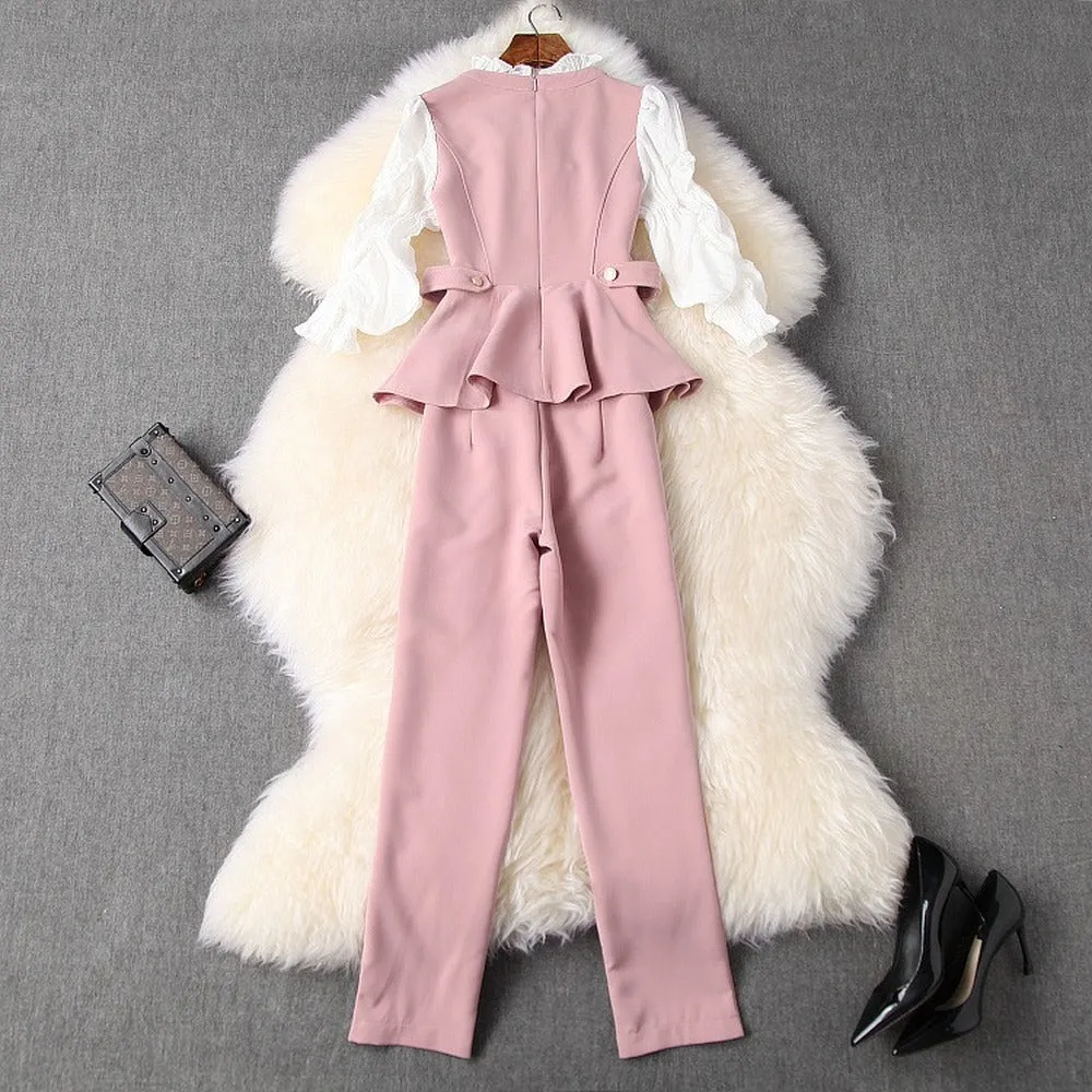Ruffled Hem Blazers Splicing Chiffon Sleeve and Pants Two-piece Set Blue