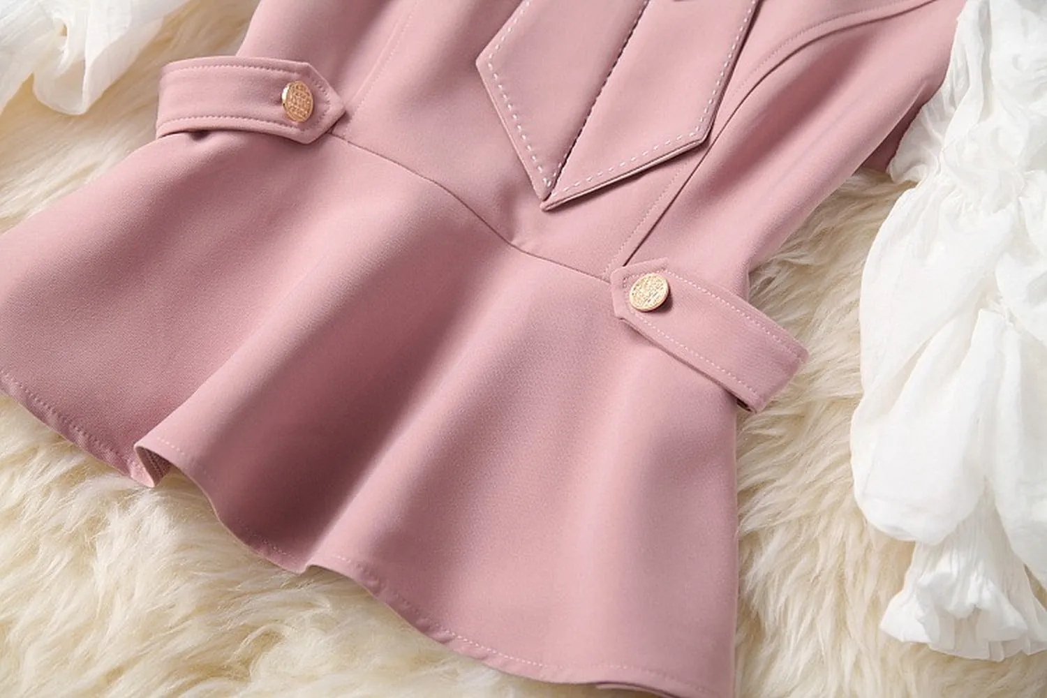 Ruffled Hem Blazers Splicing Chiffon Sleeve and Pants Two-piece Set Blue