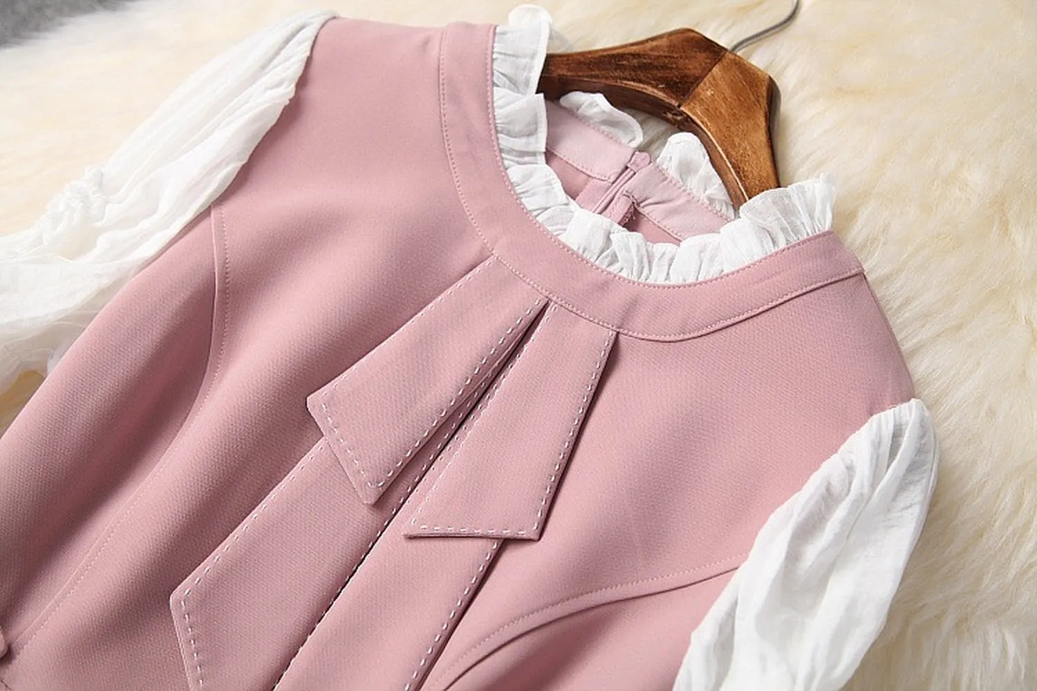 Ruffled Hem Blazers Splicing Chiffon Sleeve and Pants Two-piece Set Blue