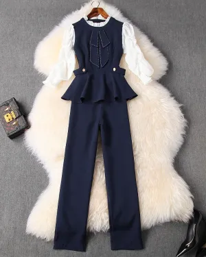 Ruffled Hem Blazers Splicing Chiffon Sleeve and Pants Two-piece Set Blue