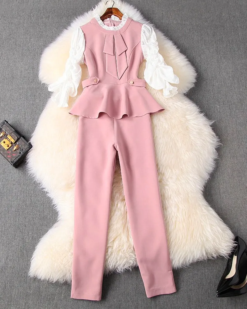 Ruffled Hem Blazers Splicing Chiffon Sleeve and Pants Two-piece Set Blue