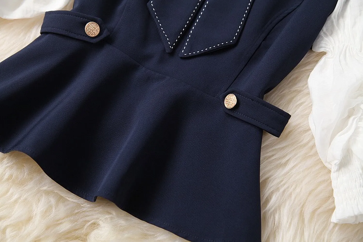 Ruffled Hem Blazers Splicing Chiffon Sleeve and Pants Two-piece Set Blue