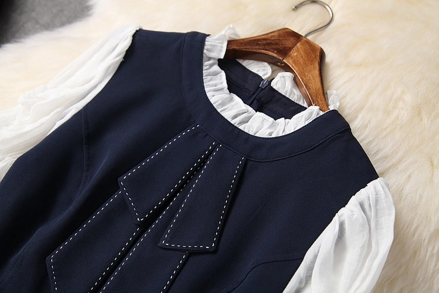 Ruffled Hem Blazers Splicing Chiffon Sleeve and Pants Two-piece Set Blue