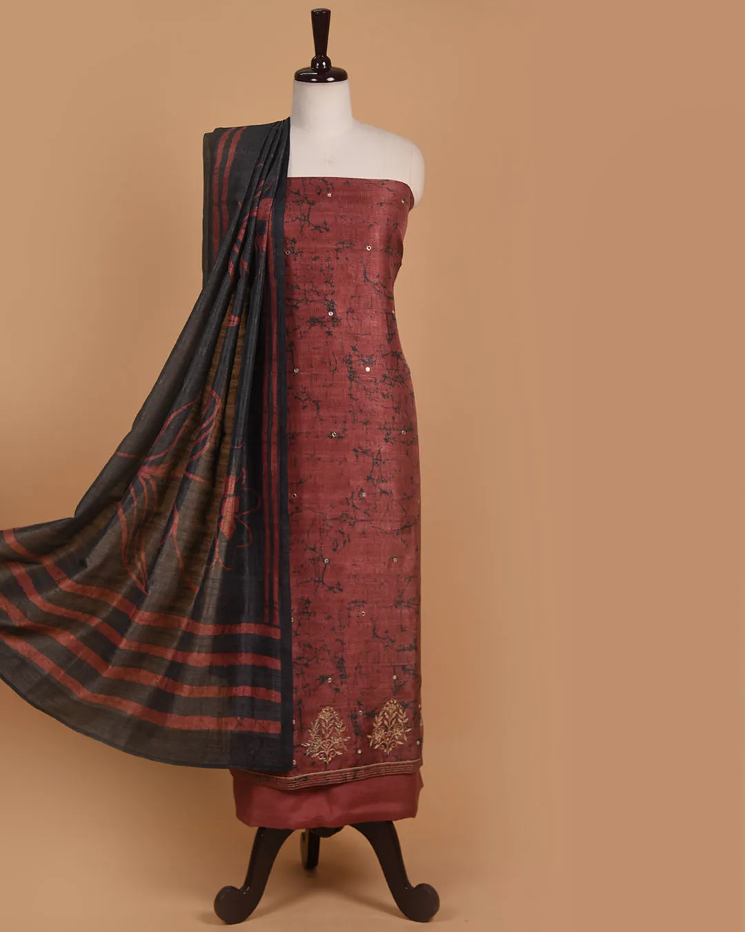 Rust Silk Blend Printed With Embroidery Unstitched Suit Fabric Set With Silk Blend Dupatta