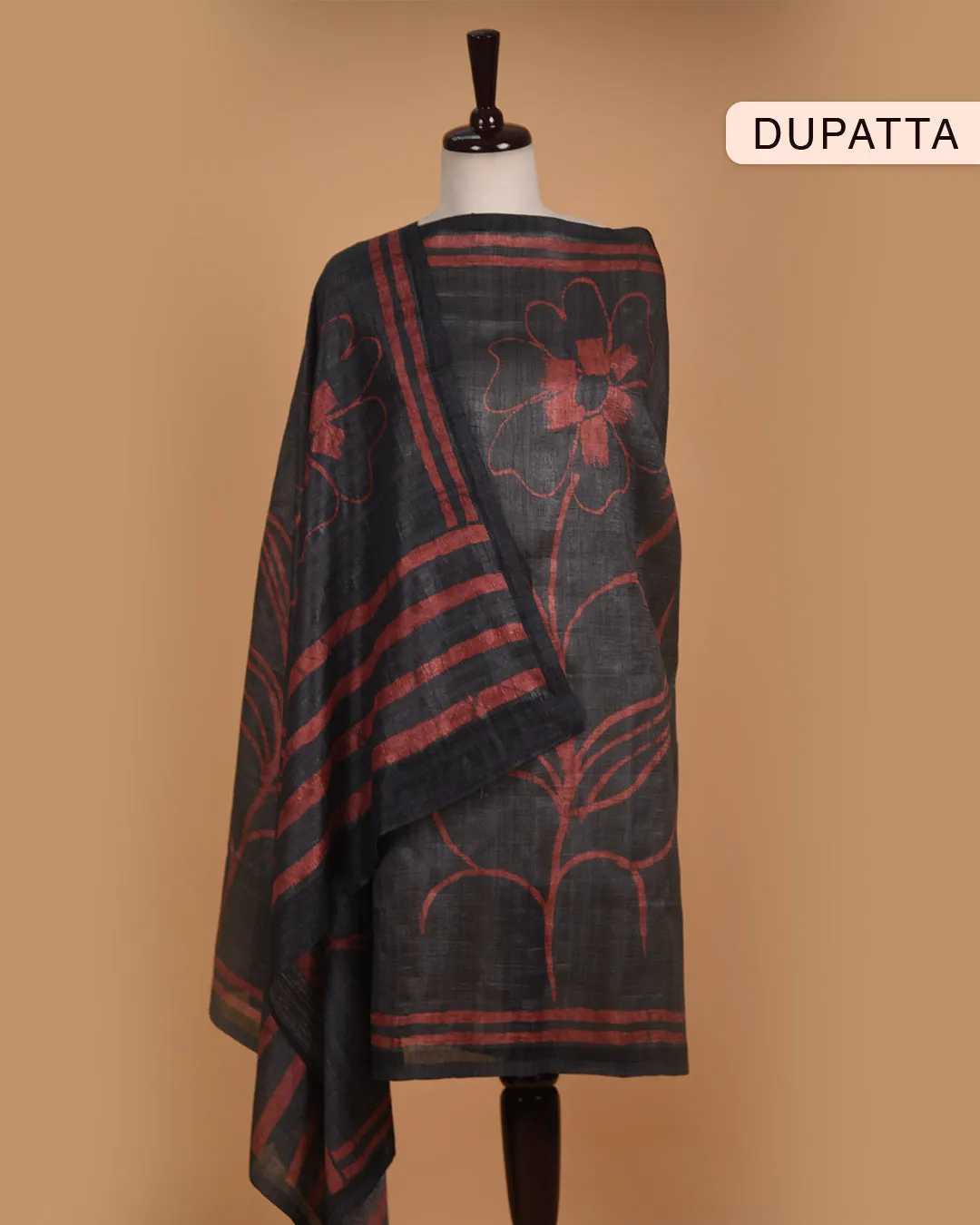 Rust Silk Blend Printed With Embroidery Unstitched Suit Fabric Set With Silk Blend Dupatta