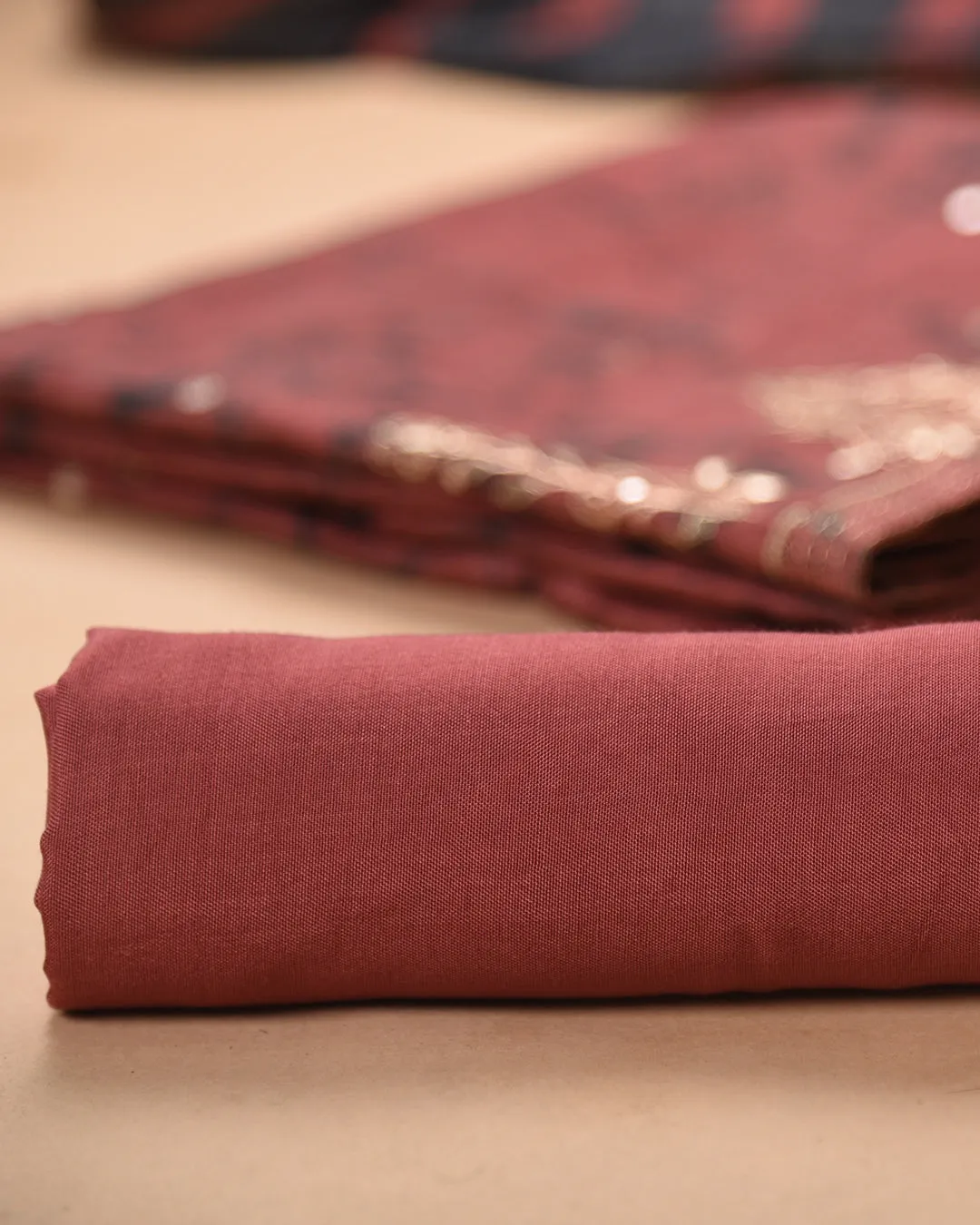 Rust Silk Blend Printed With Embroidery Unstitched Suit Fabric Set With Silk Blend Dupatta