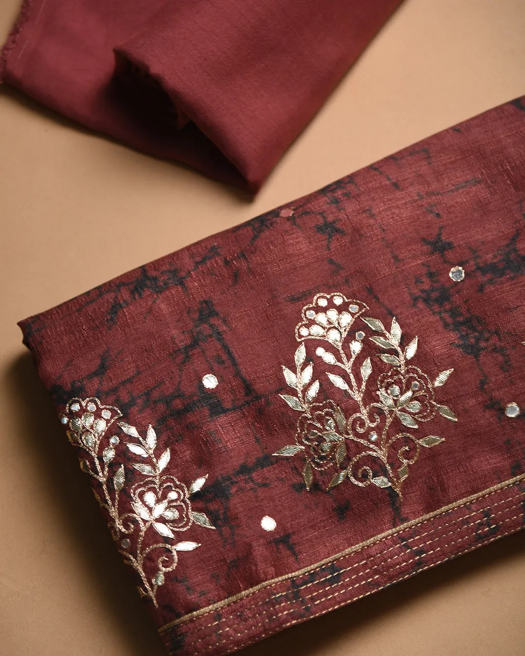 Rust Silk Blend Printed With Embroidery Unstitched Suit Fabric Set With Silk Blend Dupatta