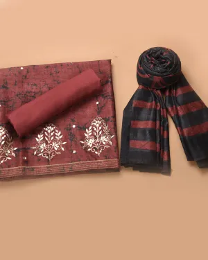 Rust Silk Blend Printed With Embroidery Unstitched Suit Fabric Set With Silk Blend Dupatta