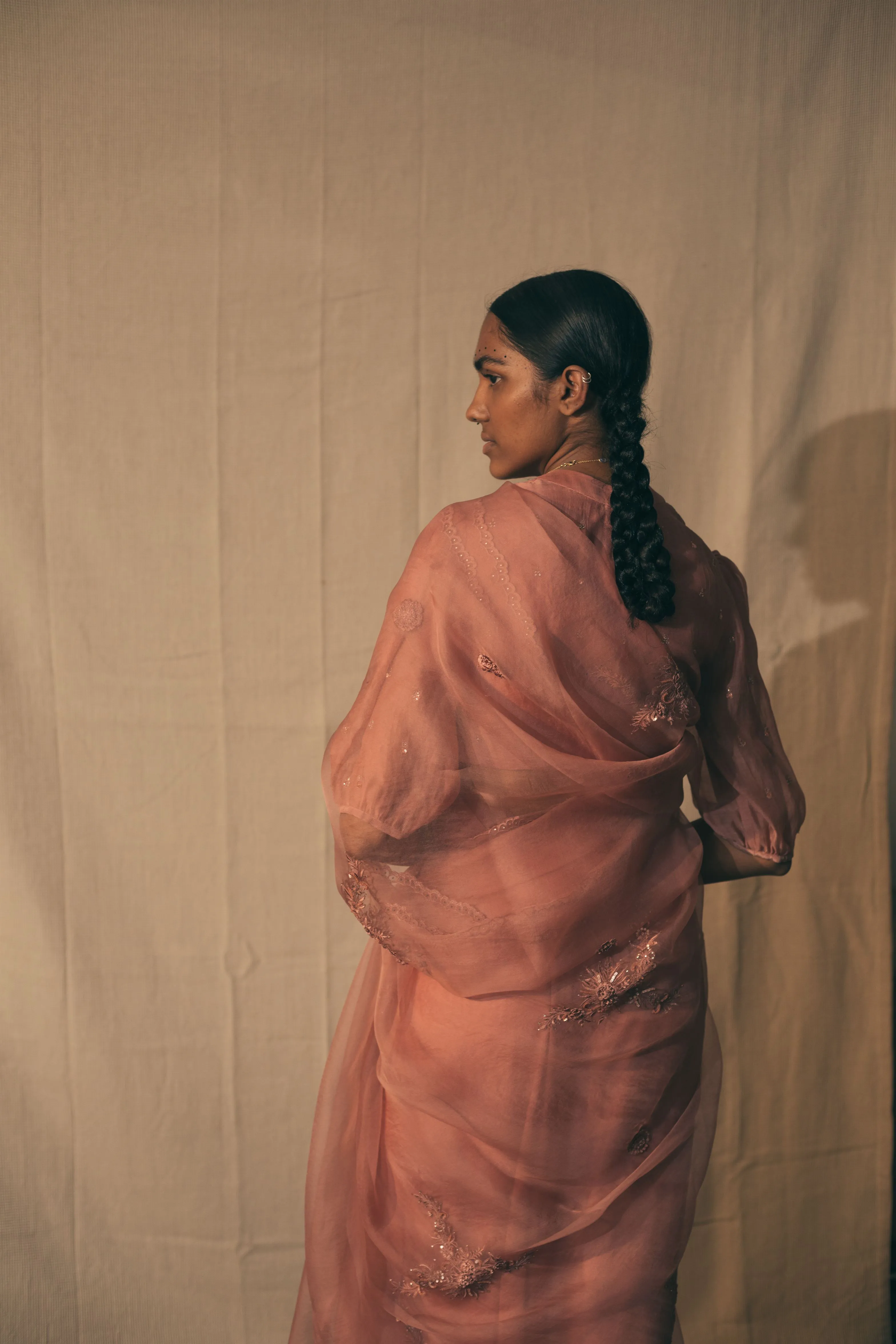 Sarang Kaur Danforth Salmon Peacock Cutwork saree Organza silk Blouse piece Chanderi silk Ektaar SK01278
