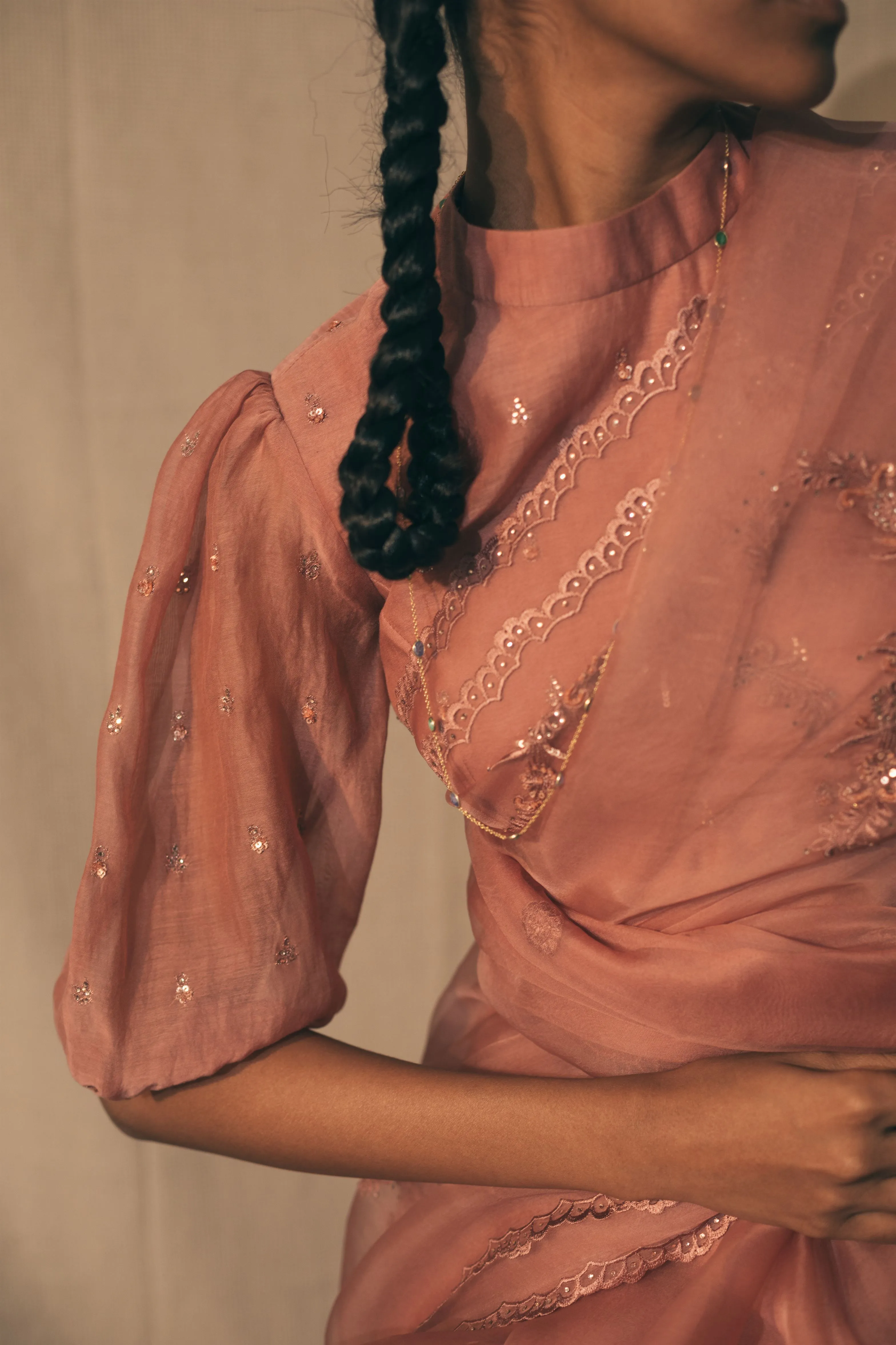 Sarang Kaur Danforth Salmon Peacock Cutwork saree Organza silk Blouse piece Chanderi silk Ektaar SK01278