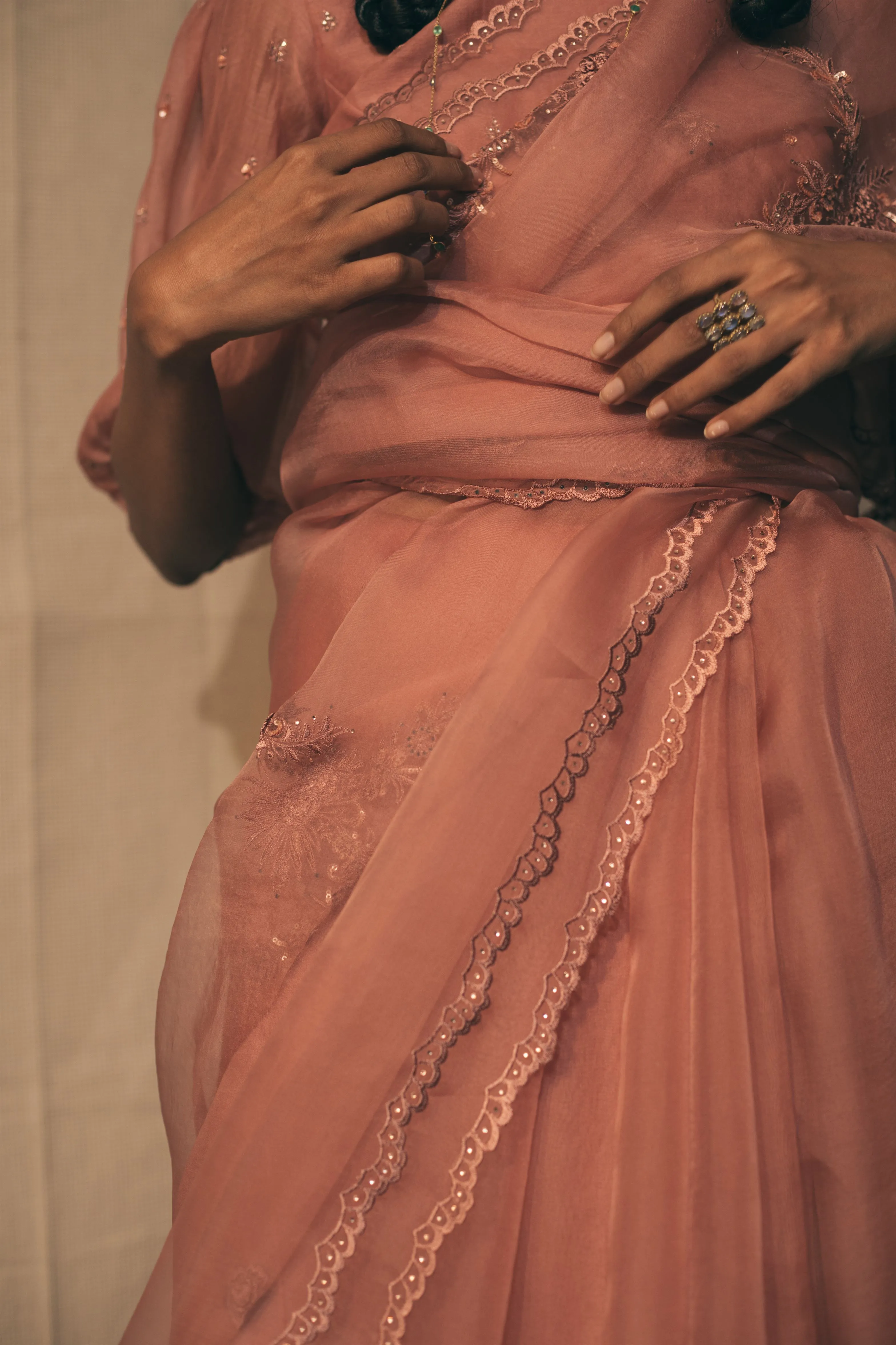 Sarang Kaur Danforth Salmon Peacock Cutwork saree Organza silk Blouse piece Chanderi silk Ektaar SK01278
