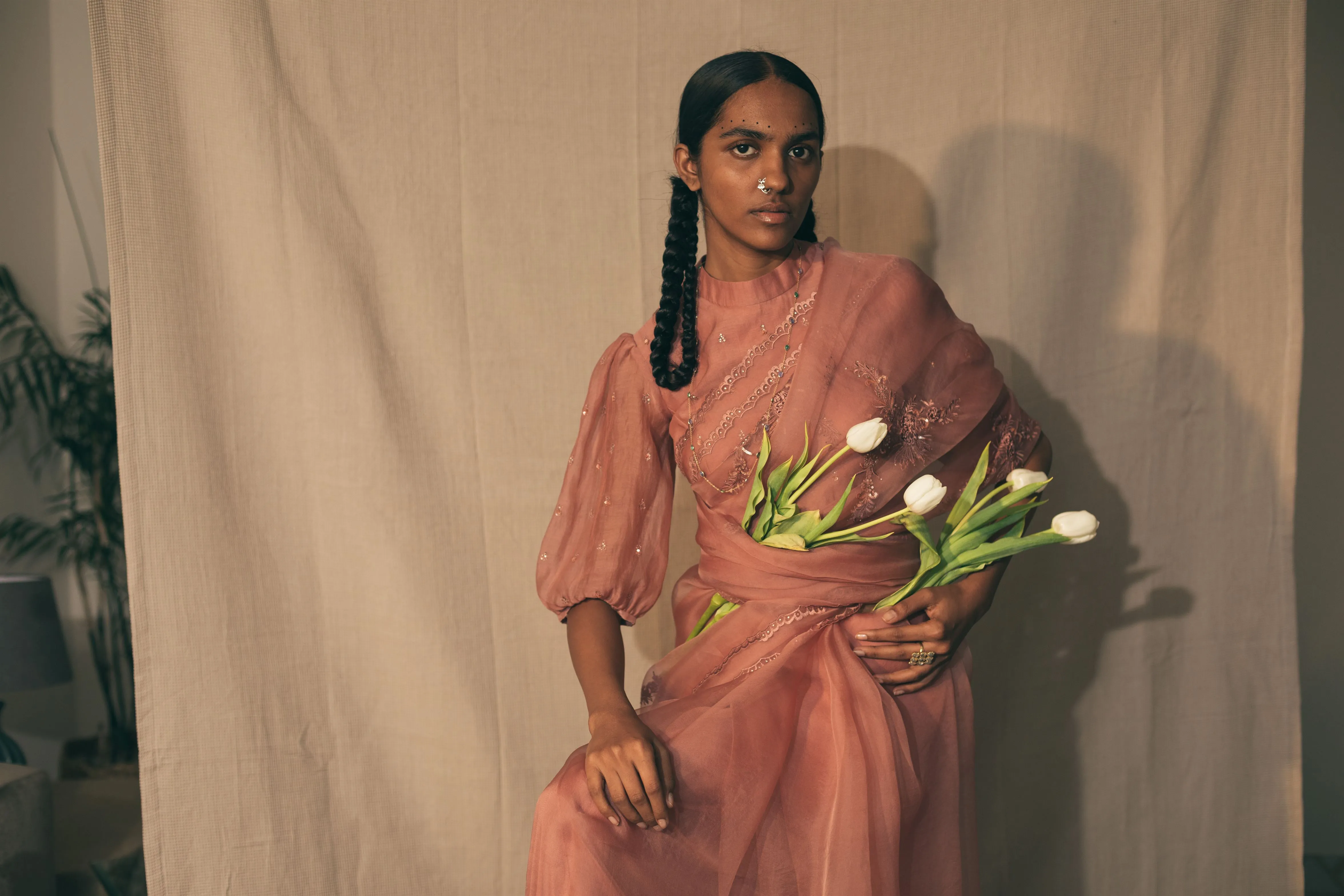 Sarang Kaur Danforth Salmon Peacock Cutwork saree Organza silk Blouse piece Chanderi silk Ektaar SK01278
