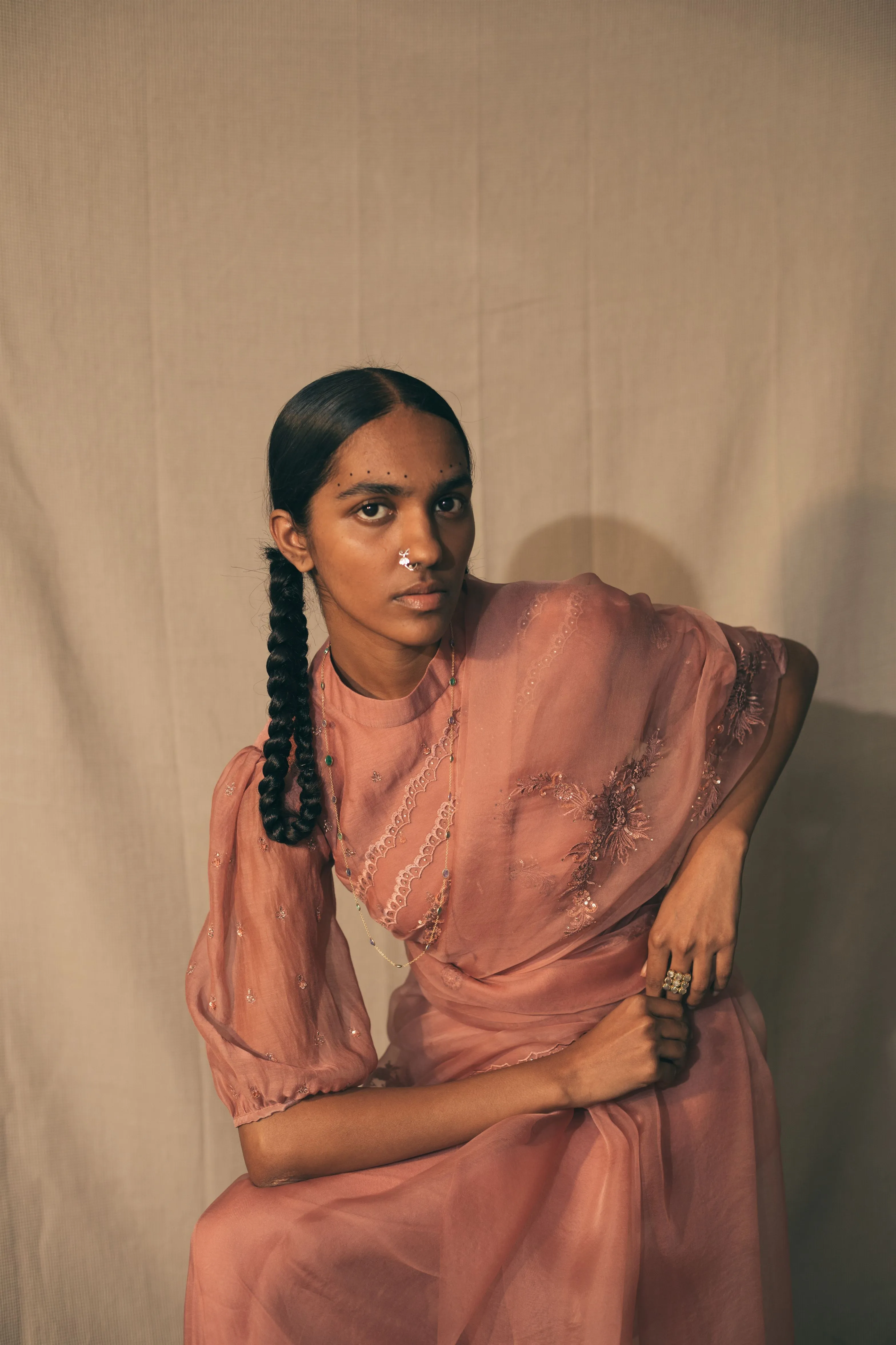 Sarang Kaur Danforth Salmon Peacock Cutwork saree Organza silk Blouse piece Chanderi silk Ektaar SK01278