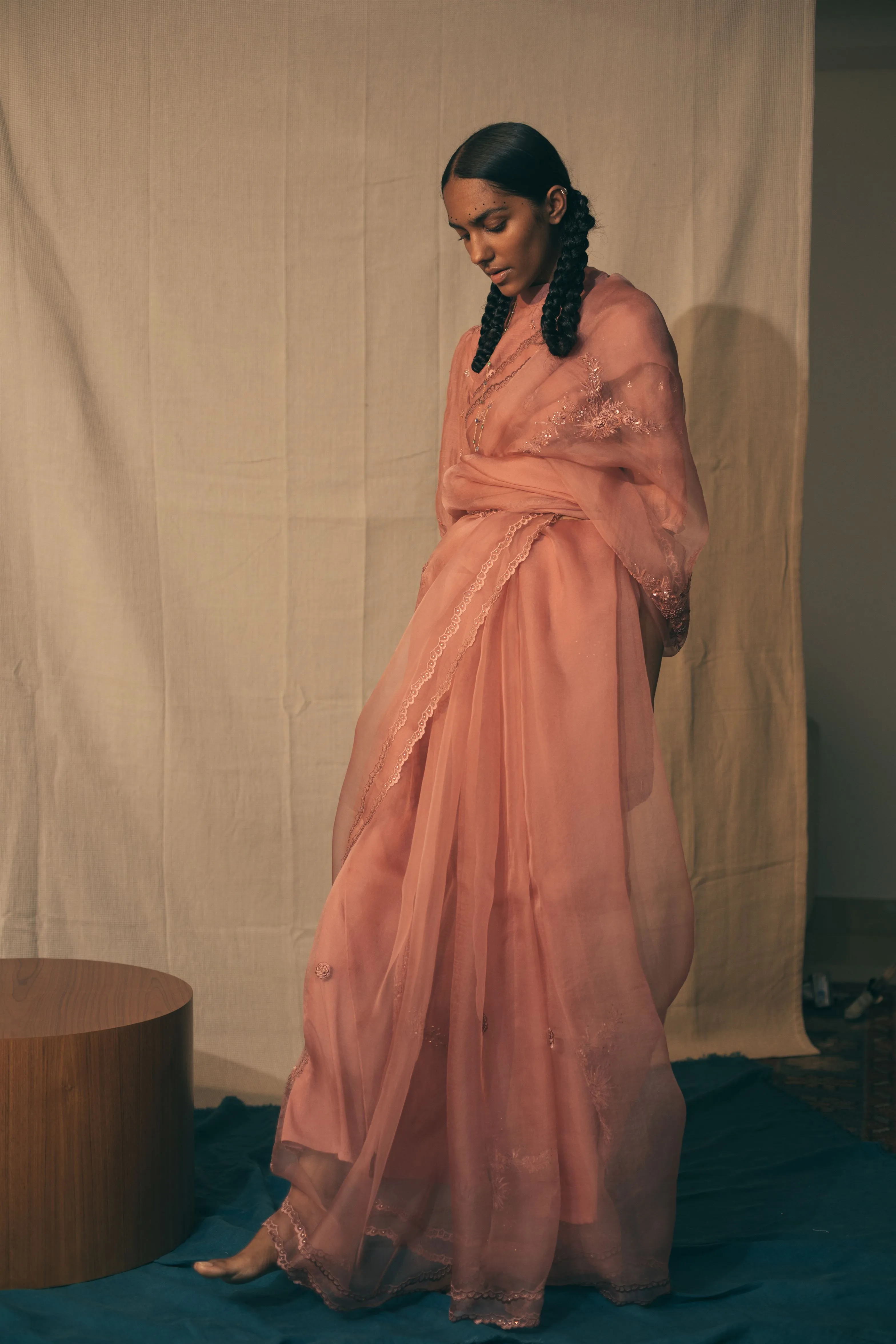 Sarang Kaur Danforth Salmon Peacock Cutwork saree Organza silk Blouse piece Chanderi silk Ektaar SK01278