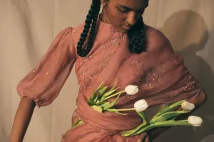 Sarang Kaur Danforth Salmon Peacock Cutwork saree Organza silk Blouse piece Chanderi silk Ektaar SK01278
