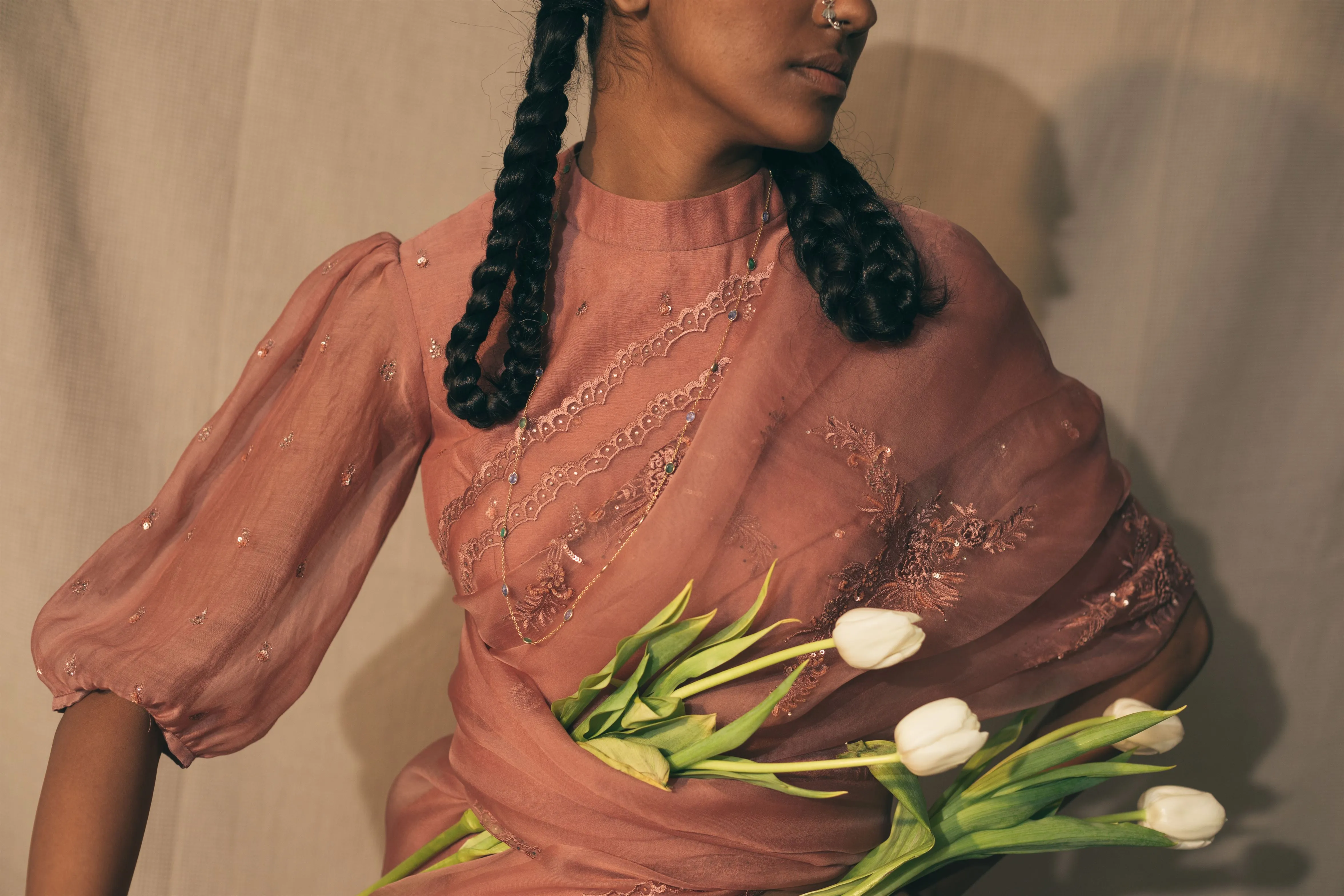 Sarang Kaur Danforth Salmon Peacock Cutwork saree Organza silk Blouse piece Chanderi silk Ektaar SK01278