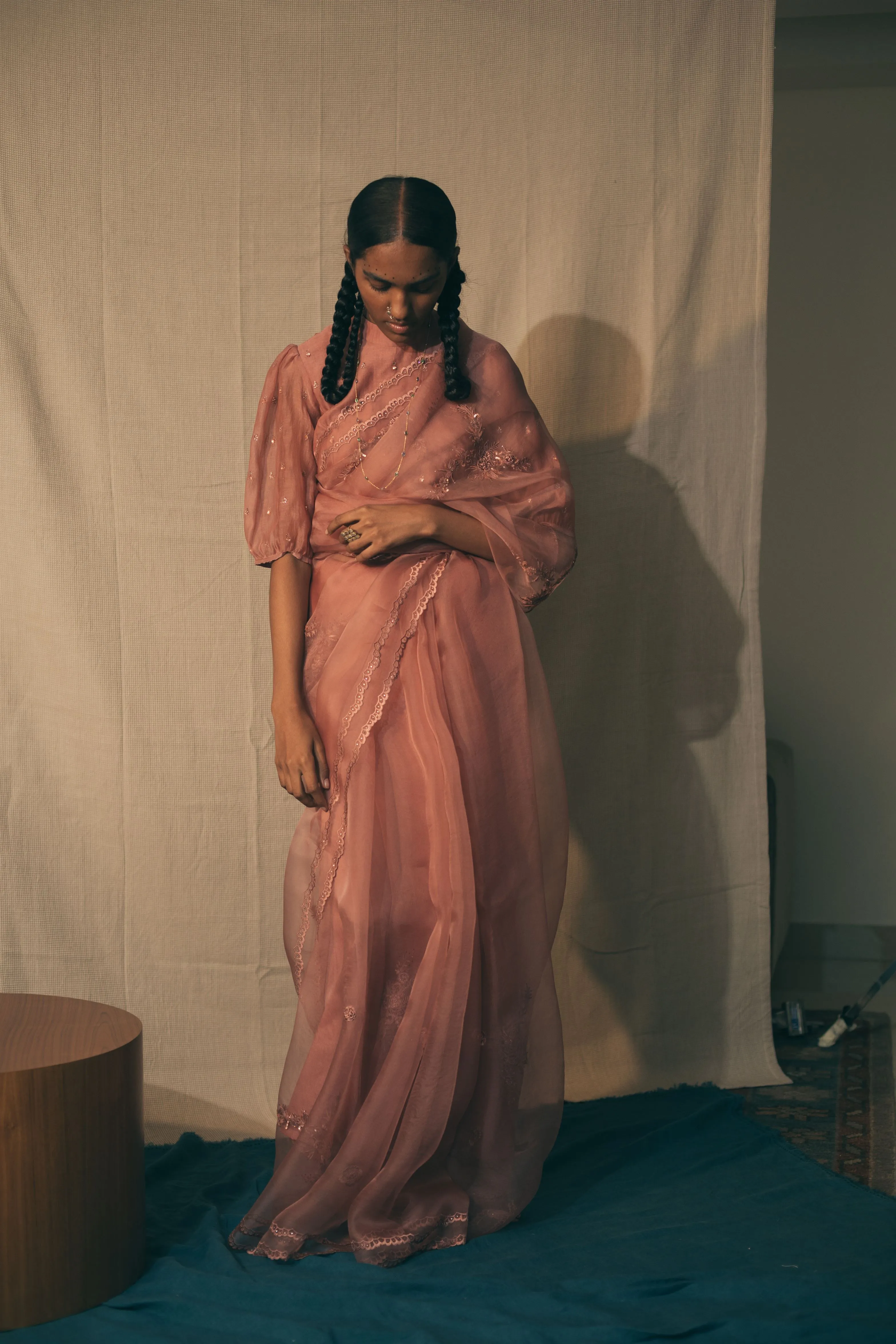 Sarang Kaur Danforth Salmon Peacock Cutwork saree Organza silk Blouse piece Chanderi silk Ektaar SK01278