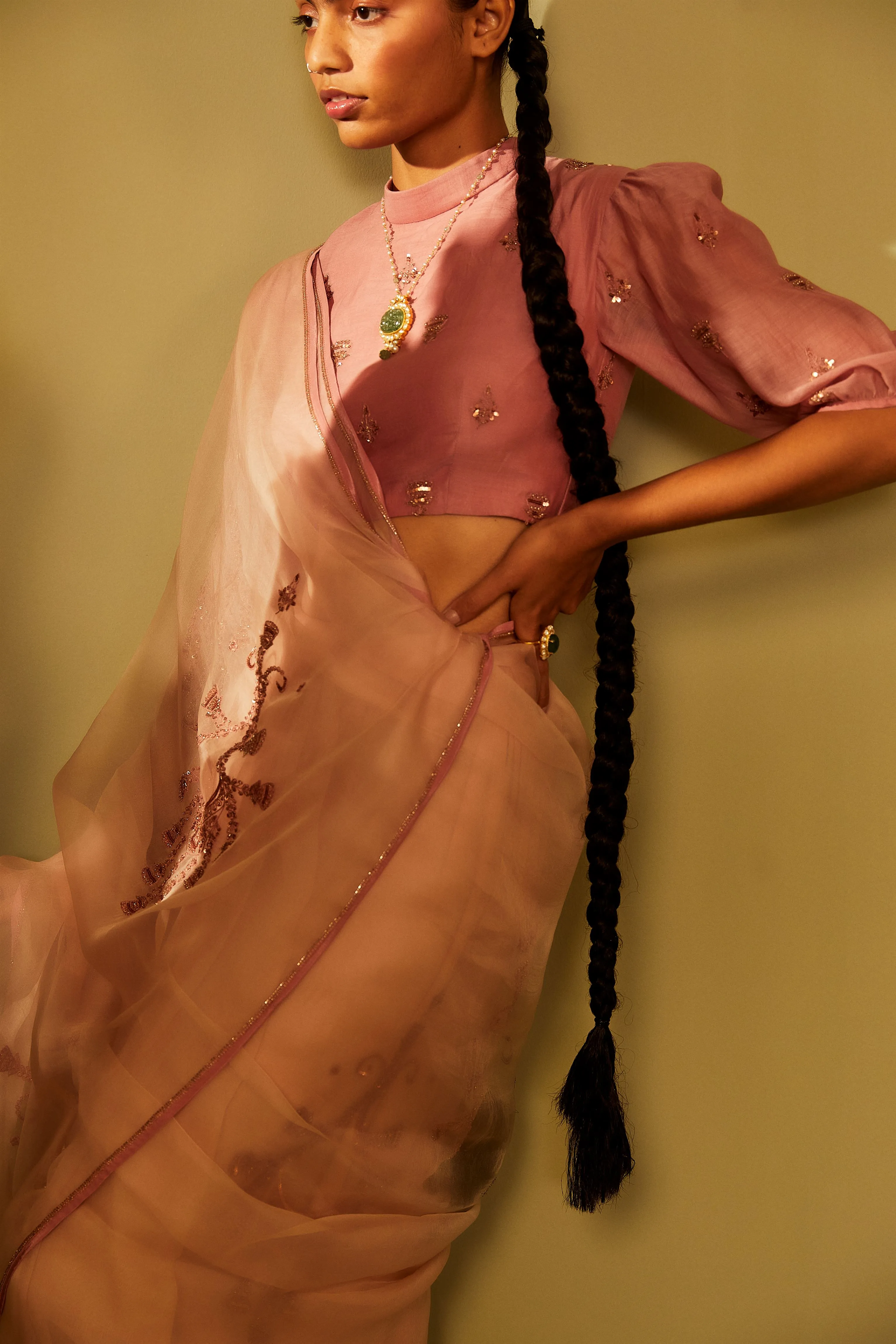 Sarang Kaur Moore Park Pink Jhoomar saree Organza silk Blouse piece Chanderi silk Jhoomar SK01188