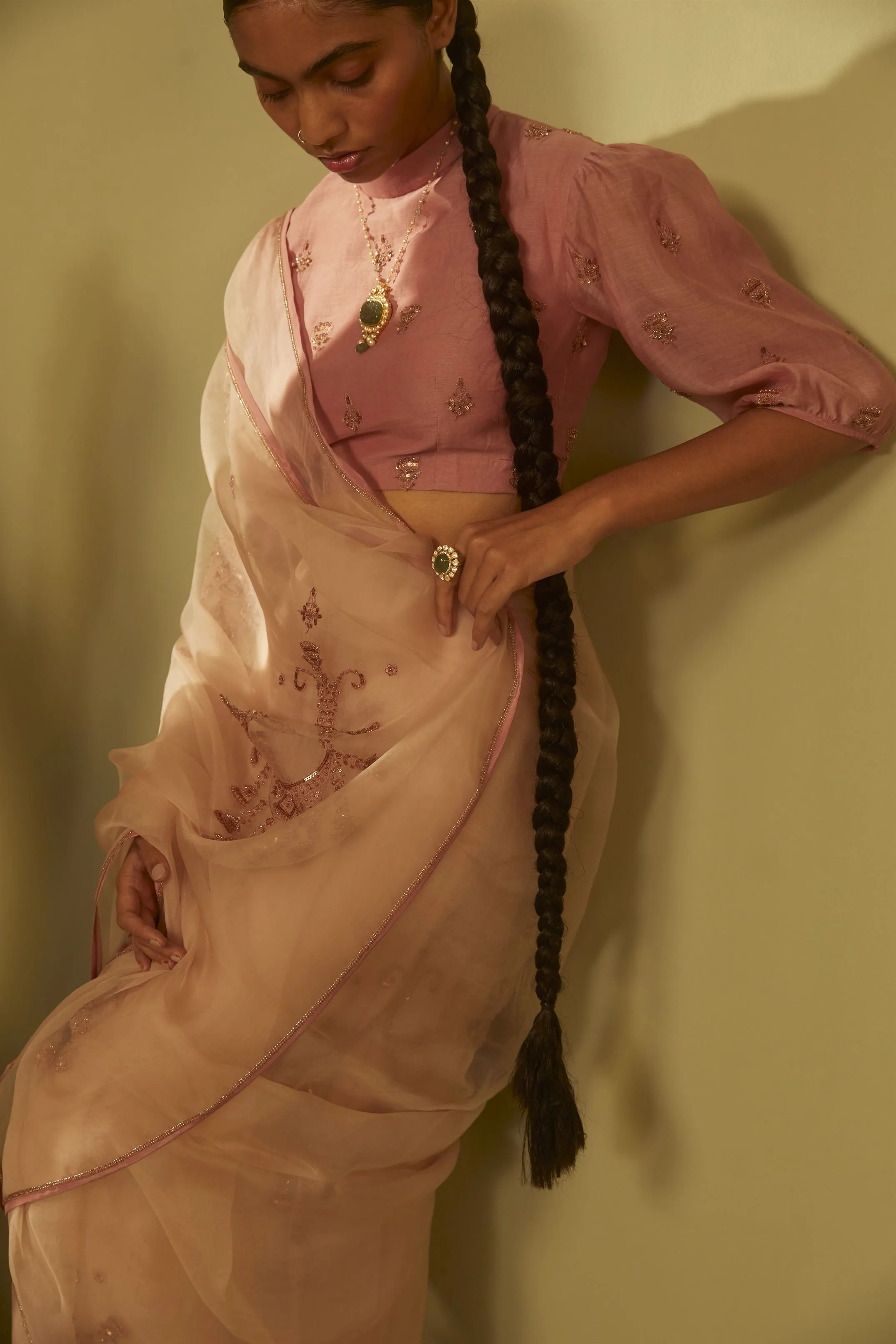 Sarang Kaur Moore Park Pink Jhoomar saree Organza silk Blouse piece Chanderi silk Jhoomar SK01188
