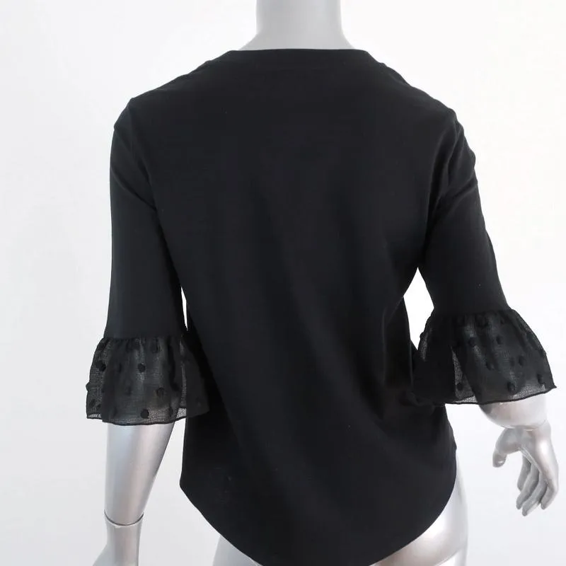 See by Chloe Bell Sleeve Tee Black Cotton & Polka Dot Chiffon Size Extra Small