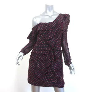 Self-Portrait Asymmetric Mini Dress Plumetis Navy/Red Dot Print Chiffon Size 6