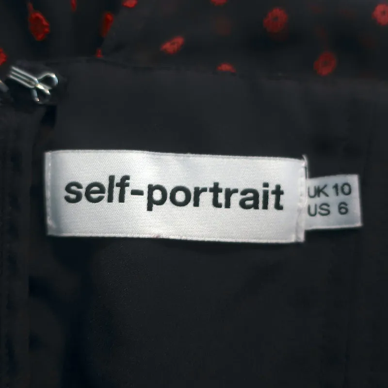 Self-Portrait Asymmetric Mini Dress Plumetis Navy/Red Dot Print Chiffon Size 6
