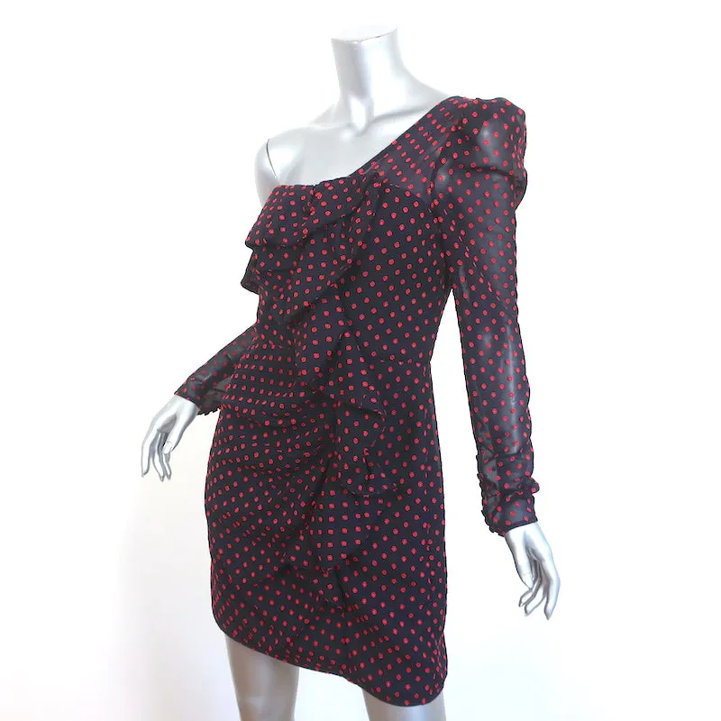Self-Portrait Asymmetric Mini Dress Plumetis Navy/Red Dot Print Chiffon Size 6