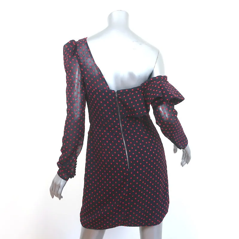 Self-Portrait Asymmetric Mini Dress Plumetis Navy/Red Dot Print Chiffon Size 6