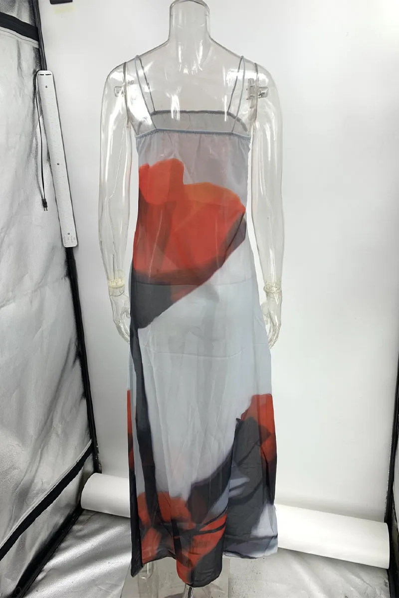 Sexy Print Flowers Patchwork See-through Square Collar Sling Dresses