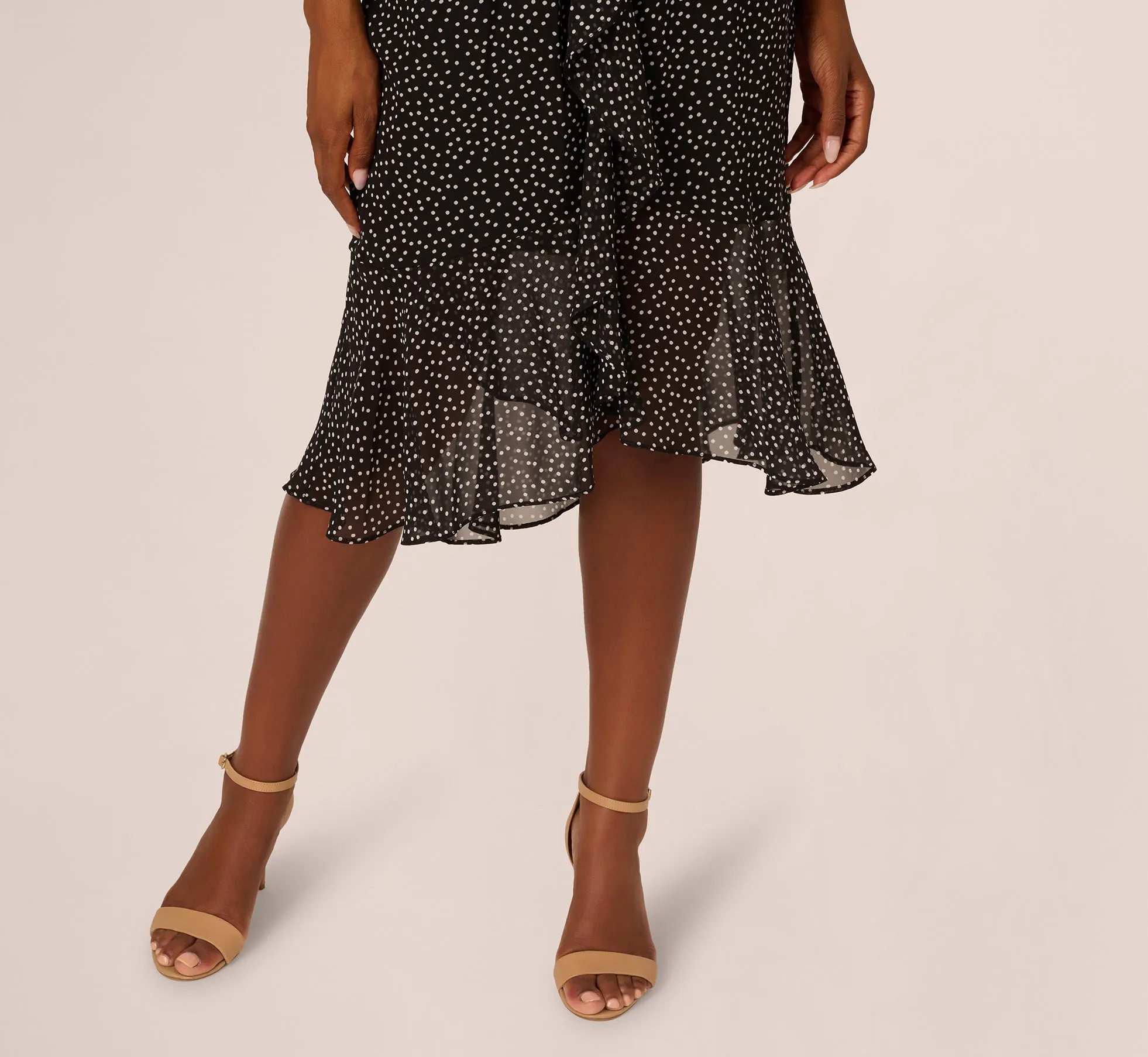 Shirred Dot Chiffon Midi Dress In Black Ivory