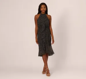 Shirred Dot Chiffon Midi Dress In Black Ivory