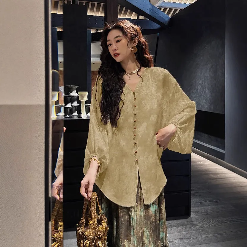 Shirt women's long-sleeved new Chinese shirt design sense niche silk jacquard top high sense spring and summer large size