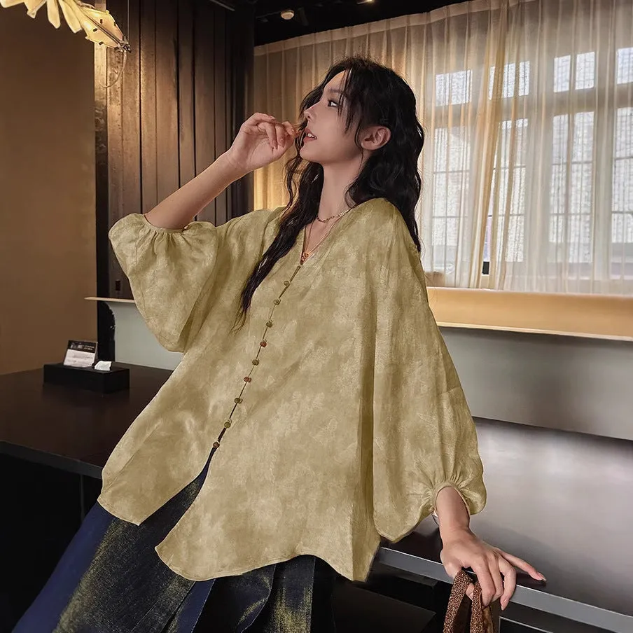 Shirt women's long-sleeved new Chinese shirt design sense niche silk jacquard top high sense spring and summer large size