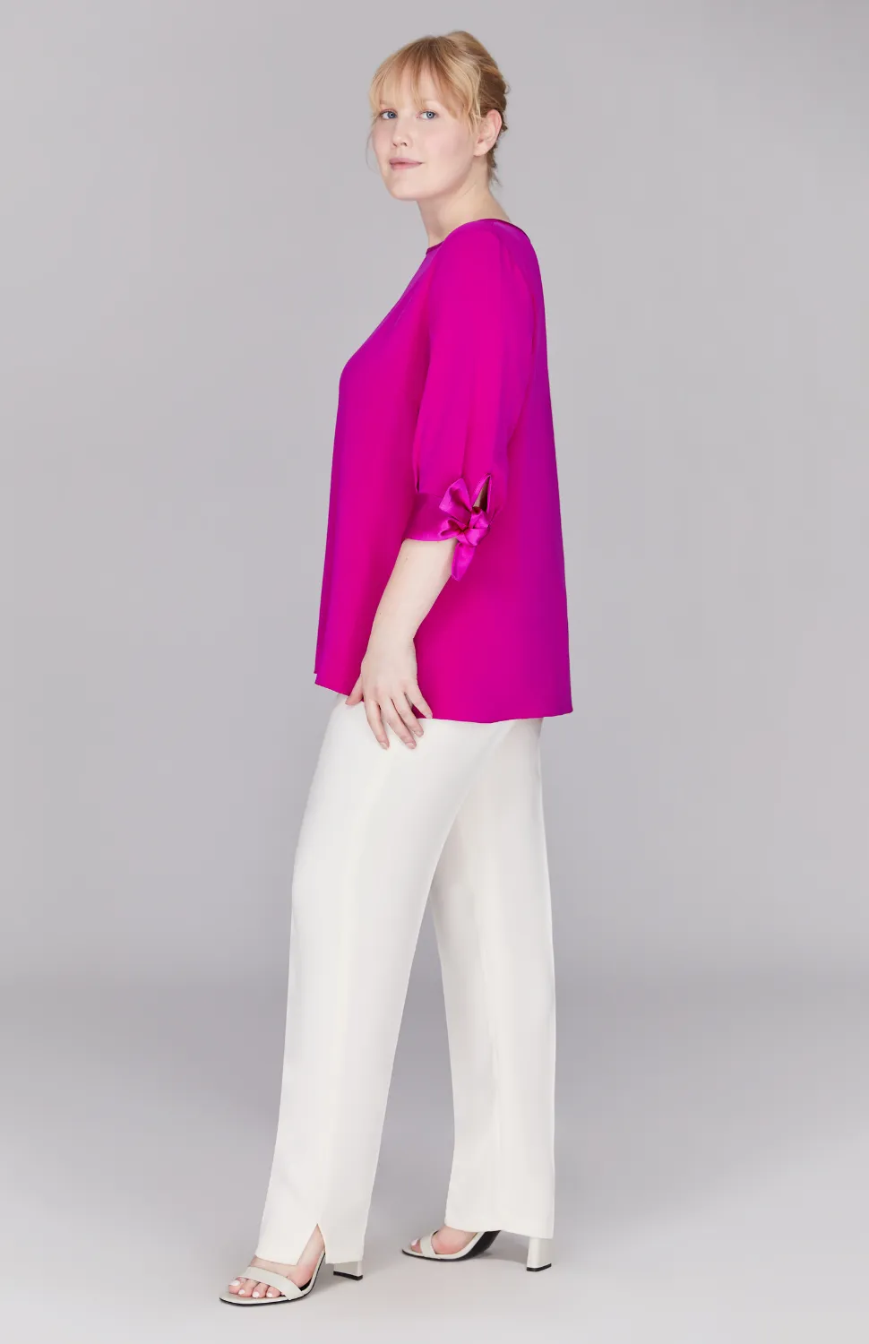 Silk 3/4 Sleeve Blouse w/Satin Tie Cuff
