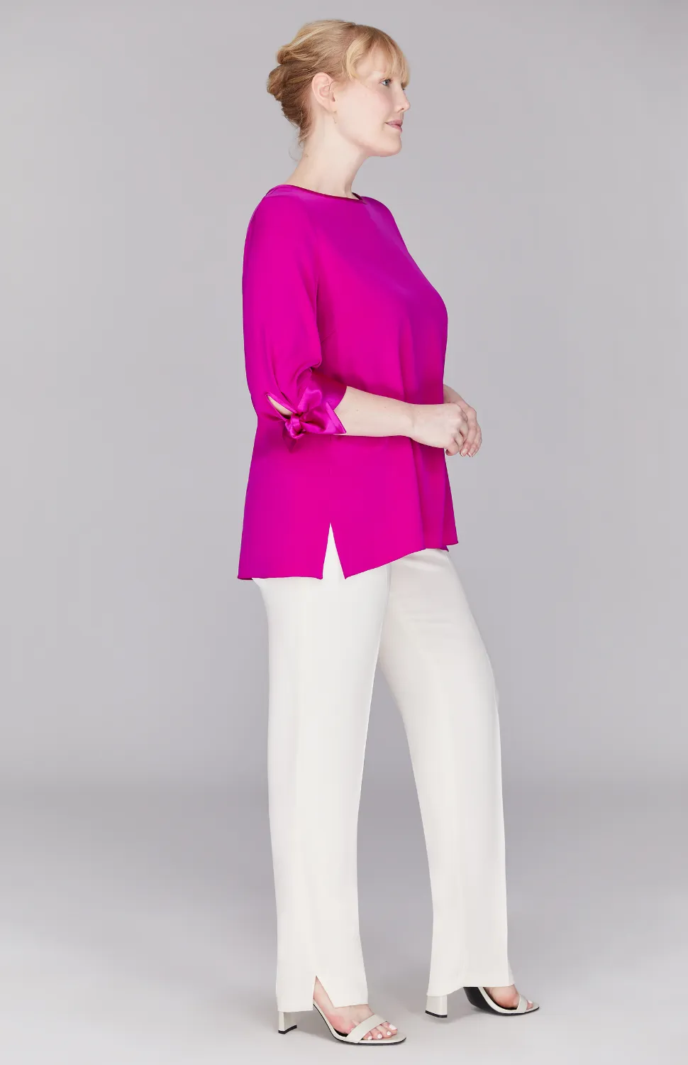 Silk 3/4 Sleeve Blouse w/Satin Tie Cuff