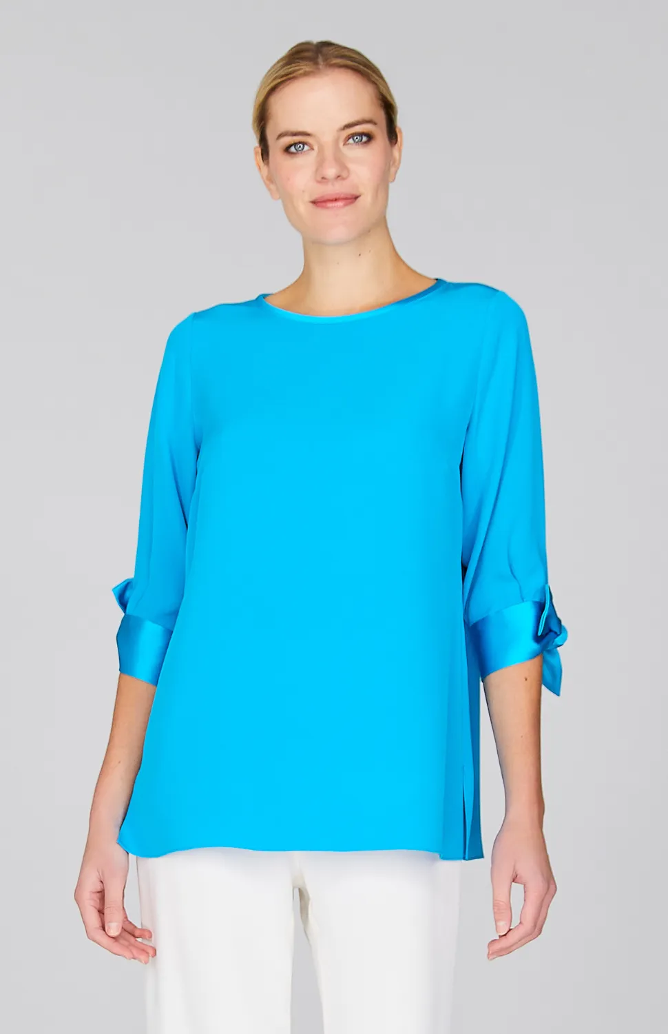 Silk 3/4 Sleeve Blouse w/Satin Tie Cuff